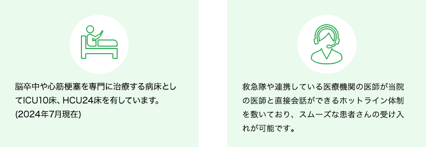 脳卒中や心筋梗塞を専門に治療する病床として、ICU/SCU8床、CCU8床、HCU18床を有しています。　+　救急隊や連携している医療機関の医師が当院の医師と直接会話が出来るホットライン体制を敷いており、スムーズな患者さんの受け入れが可能です。