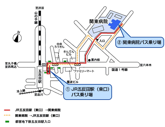 JR五反田駅と関東病院を結ぶバス経路地図