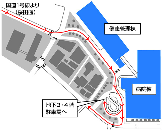 関東病院の駐車場入り口を示した図