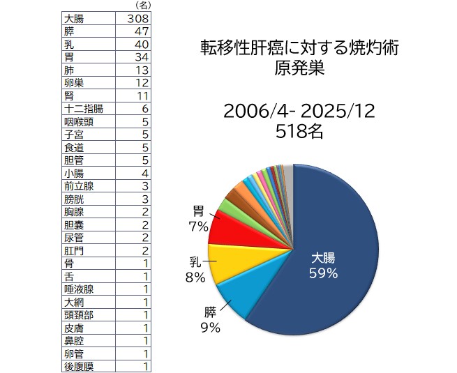 転移性肝癌に対する焼灼術原発巣　2006/4- 2024/12　509 名